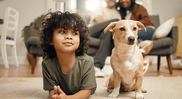Petit garçon et son chien dans la maison familiale